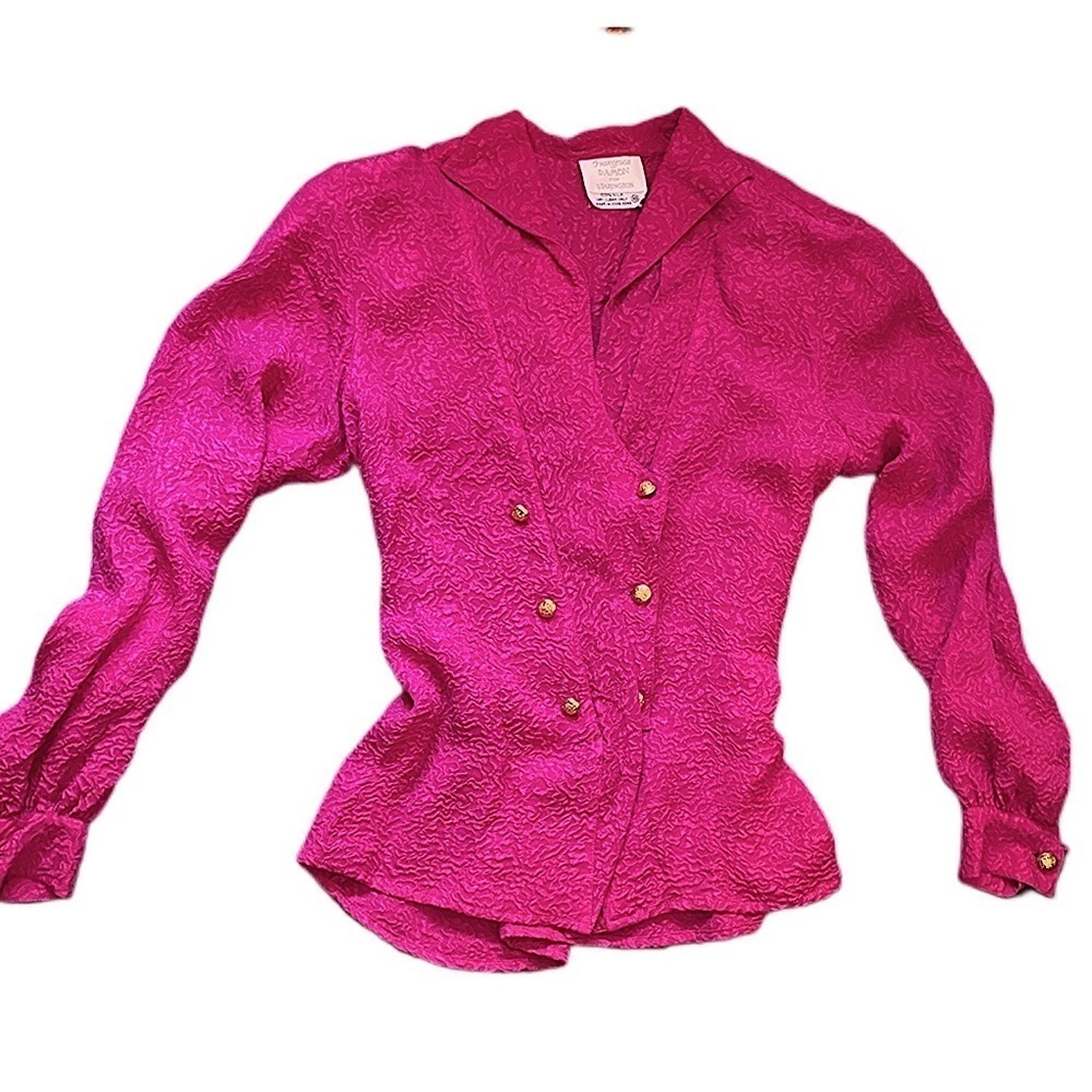 Vintage Silk Hot Pink Button-Up Statement Shoulder Barbiecore Long Sleeve Blouse - Picture 7 of 14